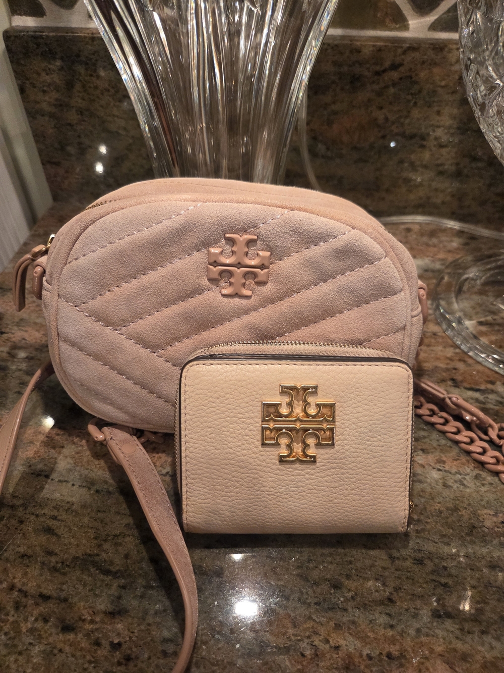 Tory Burch Blush Pink Quilted Suede Crossbody with Matching Zip Wallet